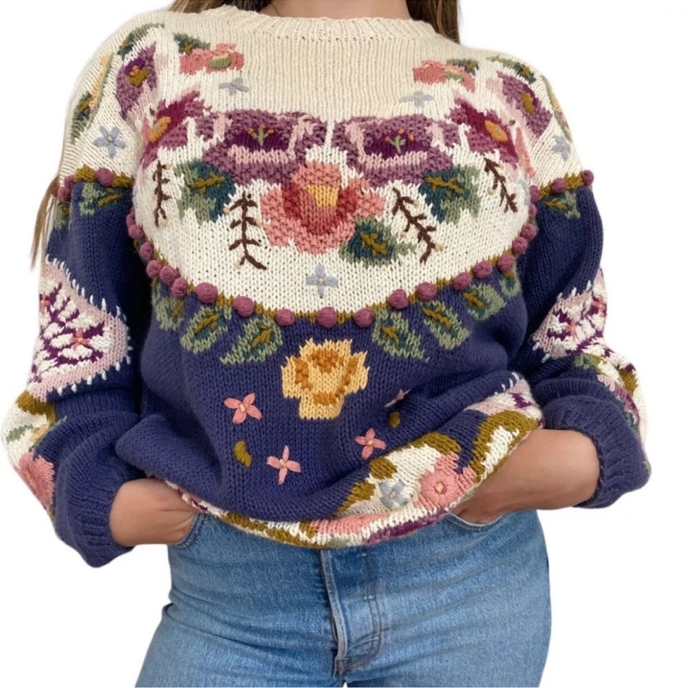 Jennifer Reed Vintage 90s Y2K Sweater Floral Bubble Sleeve Size S Cottagecore